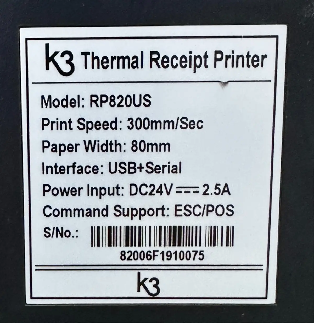K3 RP820US 80mm POS Thermal Receipt Printer, USB, Serial, Auto Cutter With PSU - image 3 | Free standard UK delivery included | Discount Quality Products
