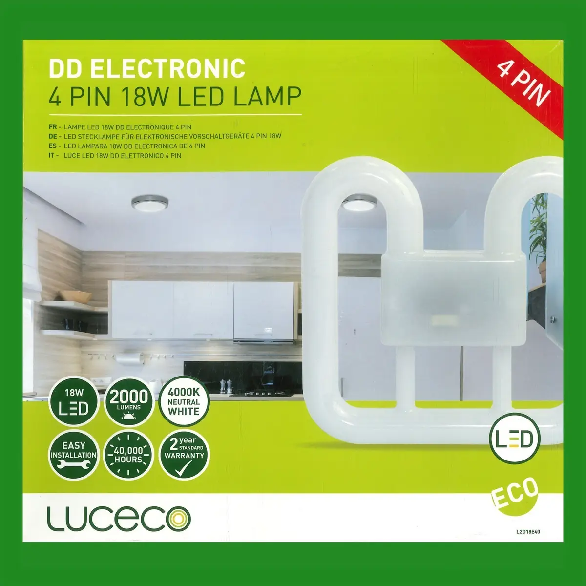 18W (=36W) Luceco HF Retrofit LED GR10Q 4 pin 4000K 2D Light Bulb Double D