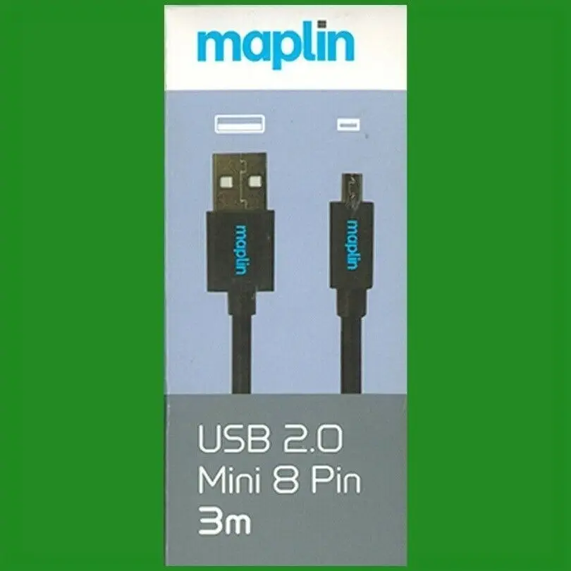 Maplin 3M USB 2.0 to USB Mini 8 Pin Cable, Black For Legacy Older Digital Camera