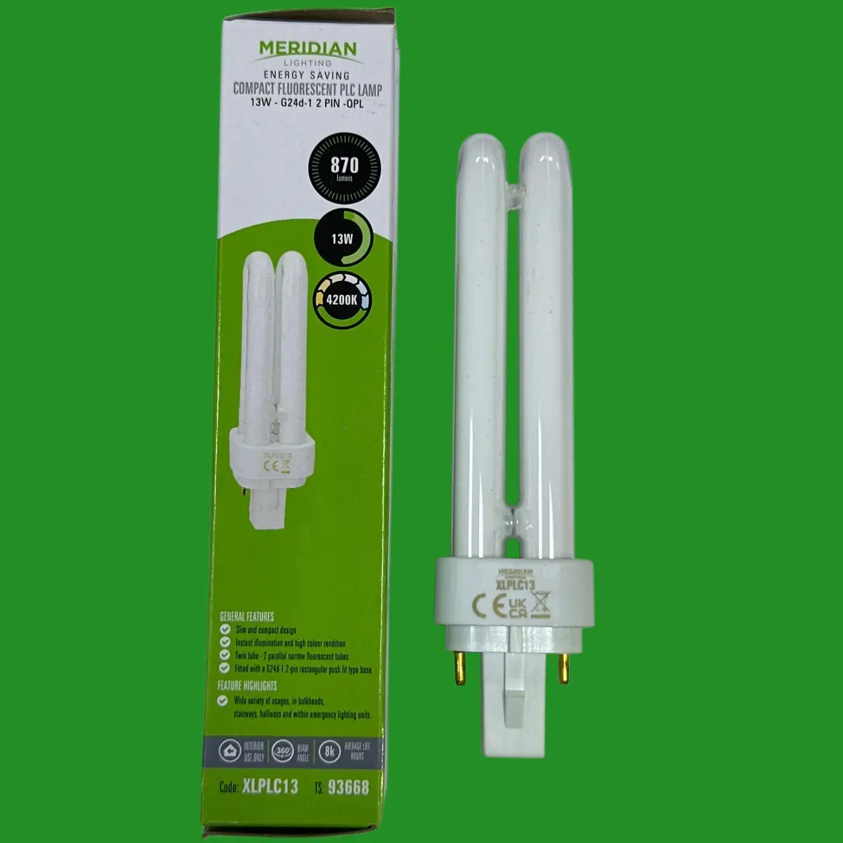 1x 13W Meridian G24d-1 2 pin Low Energy CFL PL Light Bulb Cool White 4200K Lamp