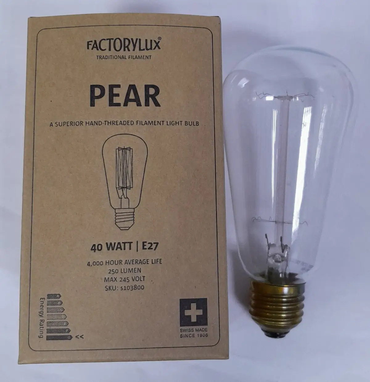 1x 40W Pear Long Filament Dimmable Light Bulb, Edison Screw ES, E27 Lamp