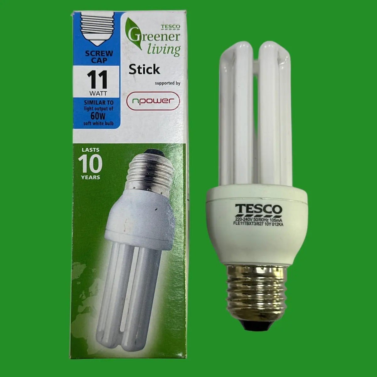 11W (=60W) TESCO Low Energy CFL Stick Light Bulbs 2700K ES E27 Edison Screw Lamp