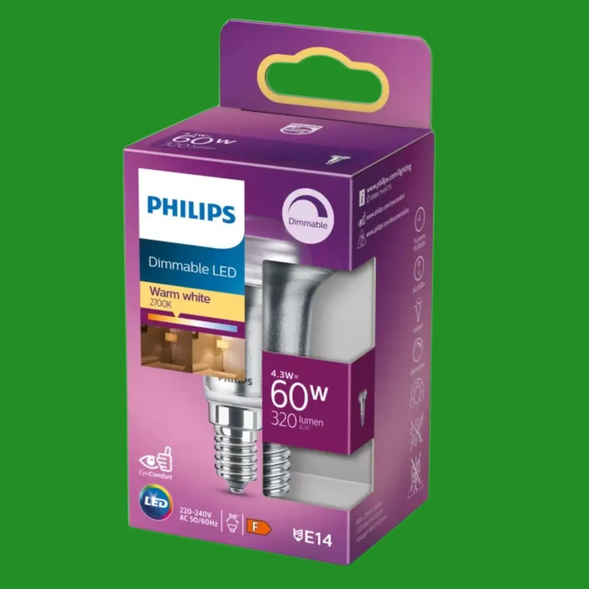 1x 4.3W (=60W) Philips Dimmable R50 Spotlight LED Light Bulb E14 SES Small Screw