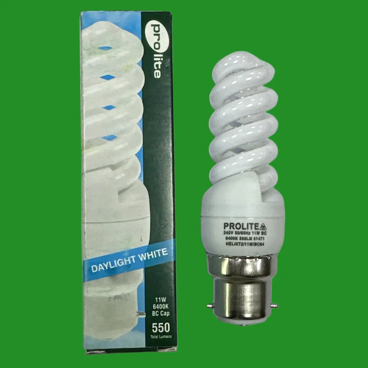 2x 11W (=50W) Prolite CFL Spiral Light Bulb, Bayonet BC B22, 6400K Daylight Lamp