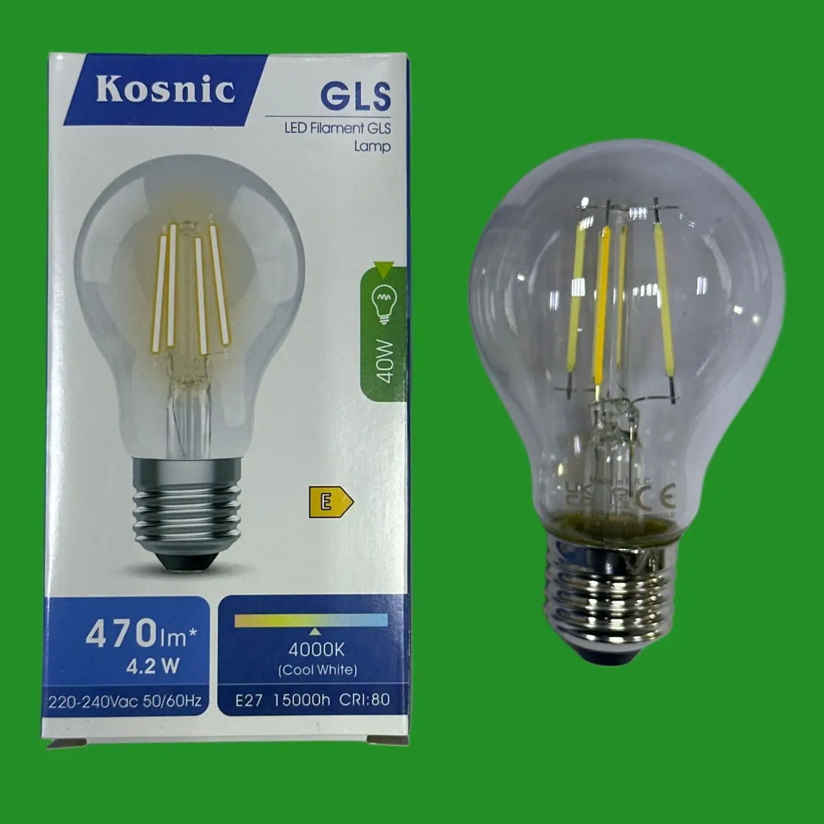2x 4.2W =40W Kosnic Clear LED Filament GLS Light Bulbs ES E27 Edison Screw 4000K