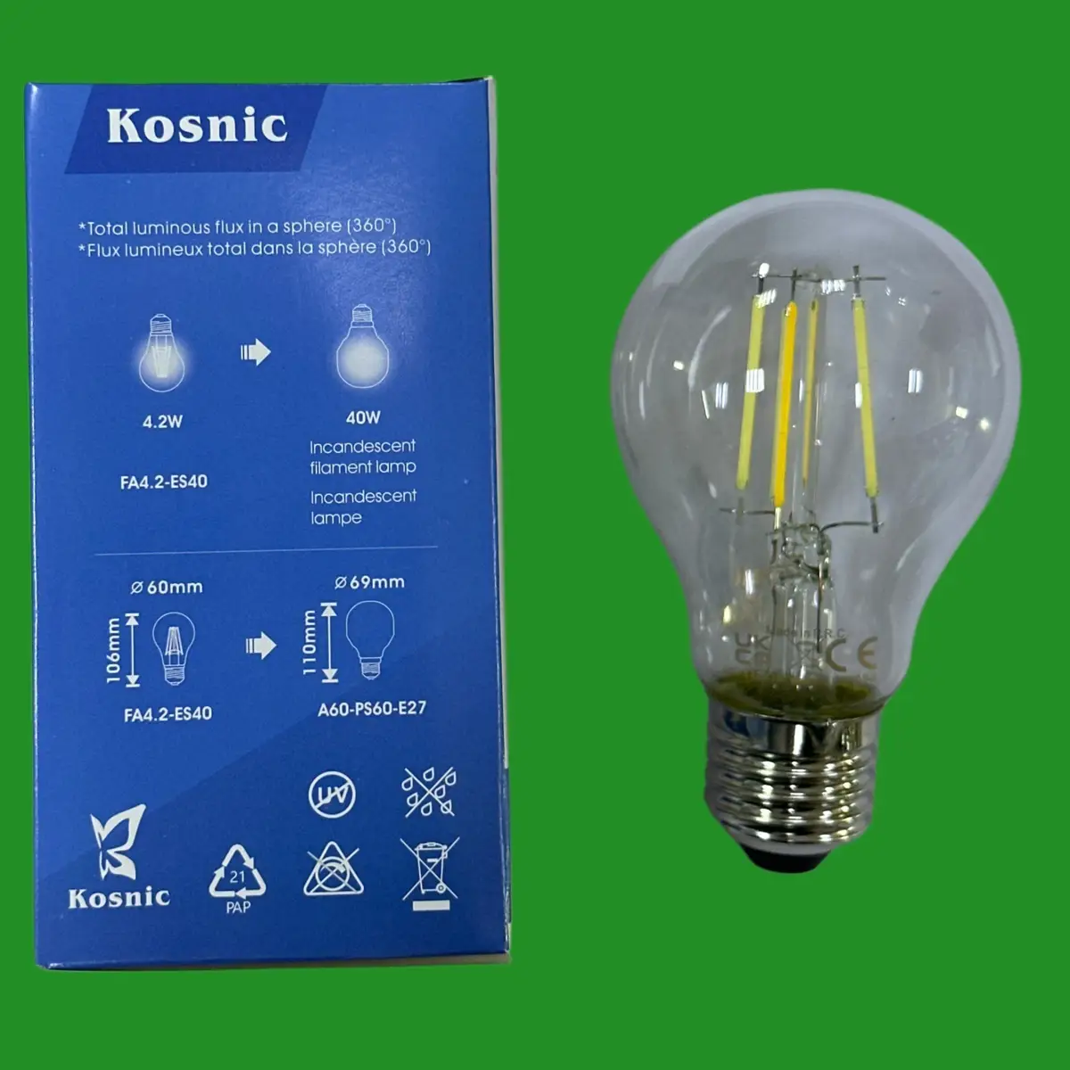 2x 4.2W =40W Kosnic Clear LED Filament GLS Light Bulbs ES E27 Edison Screw 4000K - image 2 | Free standard UK delivery included | Discount Quality Products