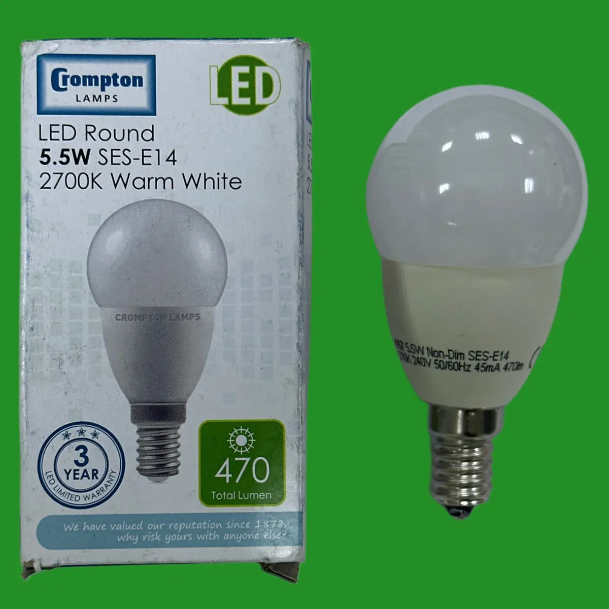 1x 5.5W (=40W) Crompton LED Round Golf Light Bulb SES E14 Small Screw 2700K Lamp