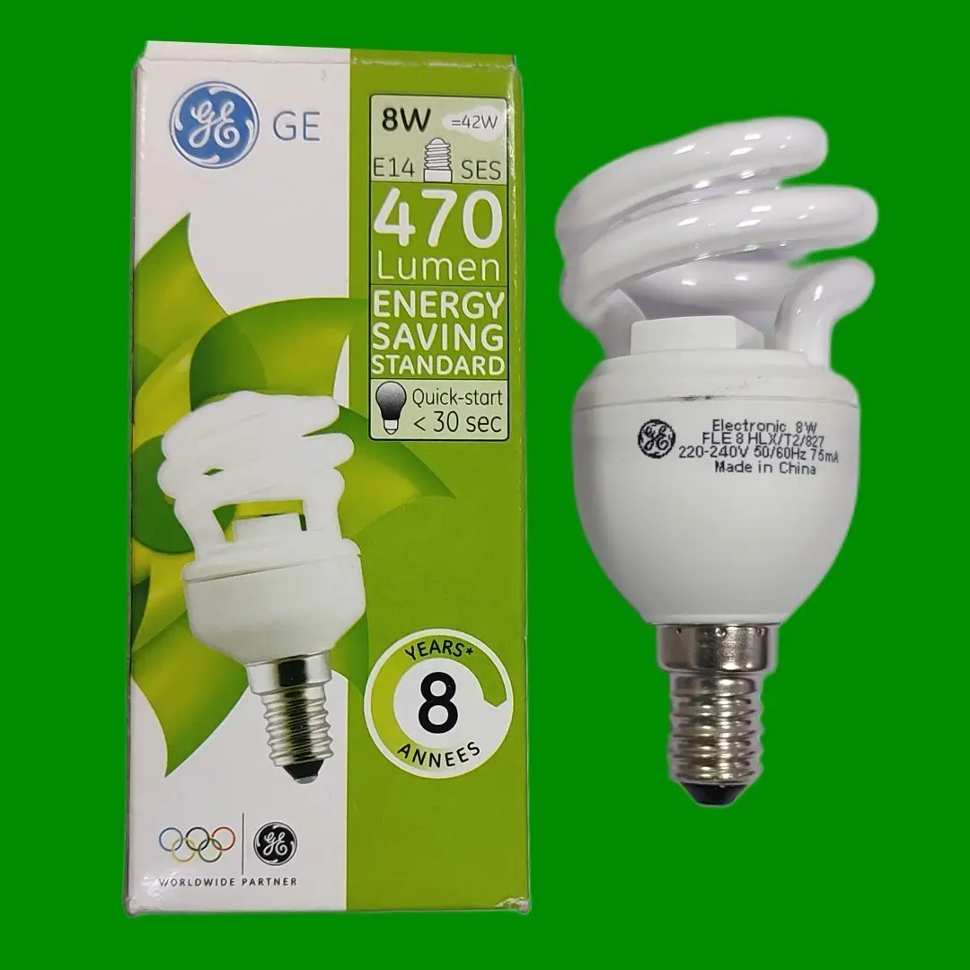 1x 8W (=42W) GE CFL Spiral Light Bulb E14 SES Low Energy Power Saving 2700K