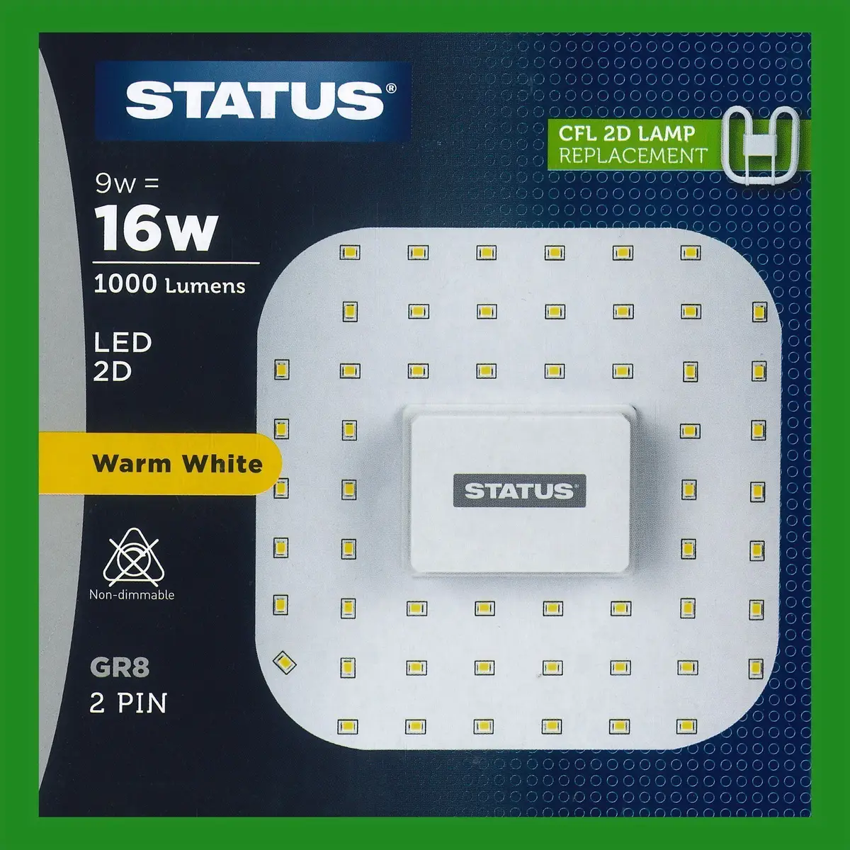 1x 9W (=16W Replacement) LED GR8 2 pin 2700K Warm White 2D Light Bulb Double D