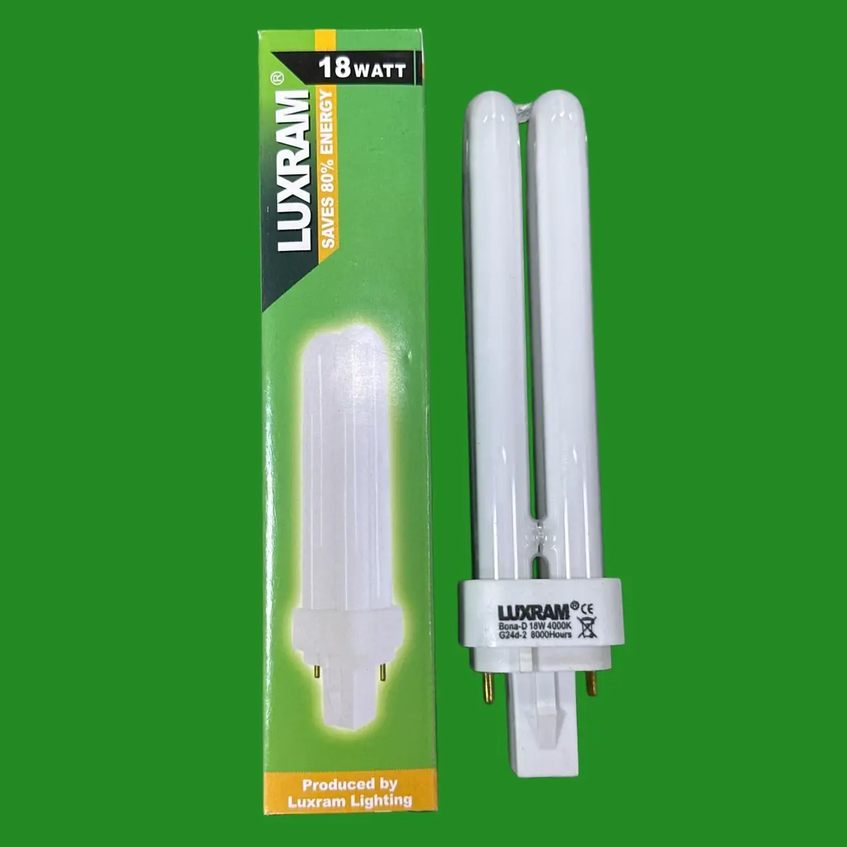 1x 18W LUXRAM G24d-2, 2 pin, Low Energy CFL Light Bulb 4000K Cool White PL Lamp
