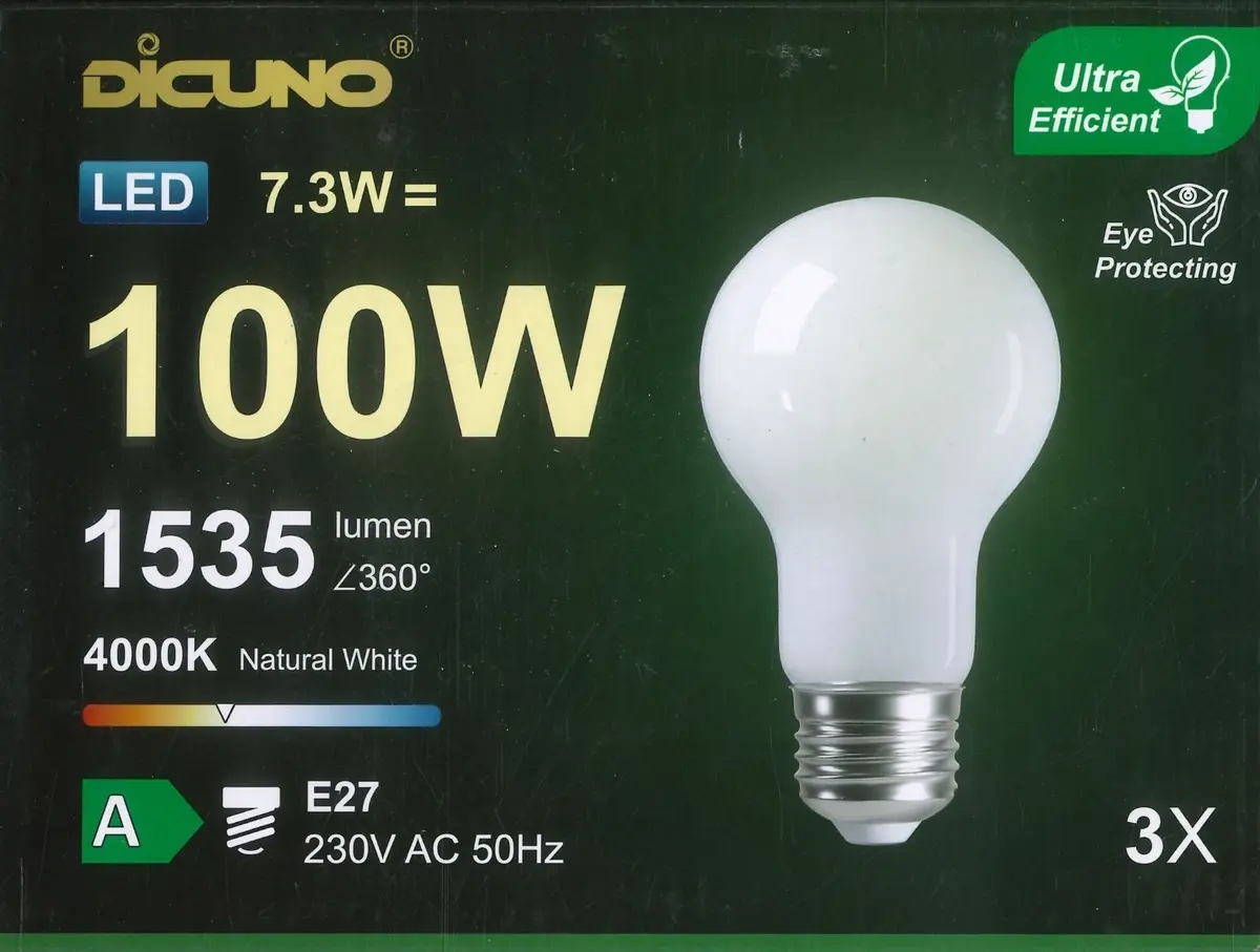 3x 7.3W (=100W) LED GLS A60 Natural White 4000K  Edison Screw ES E27 Light Bulbs