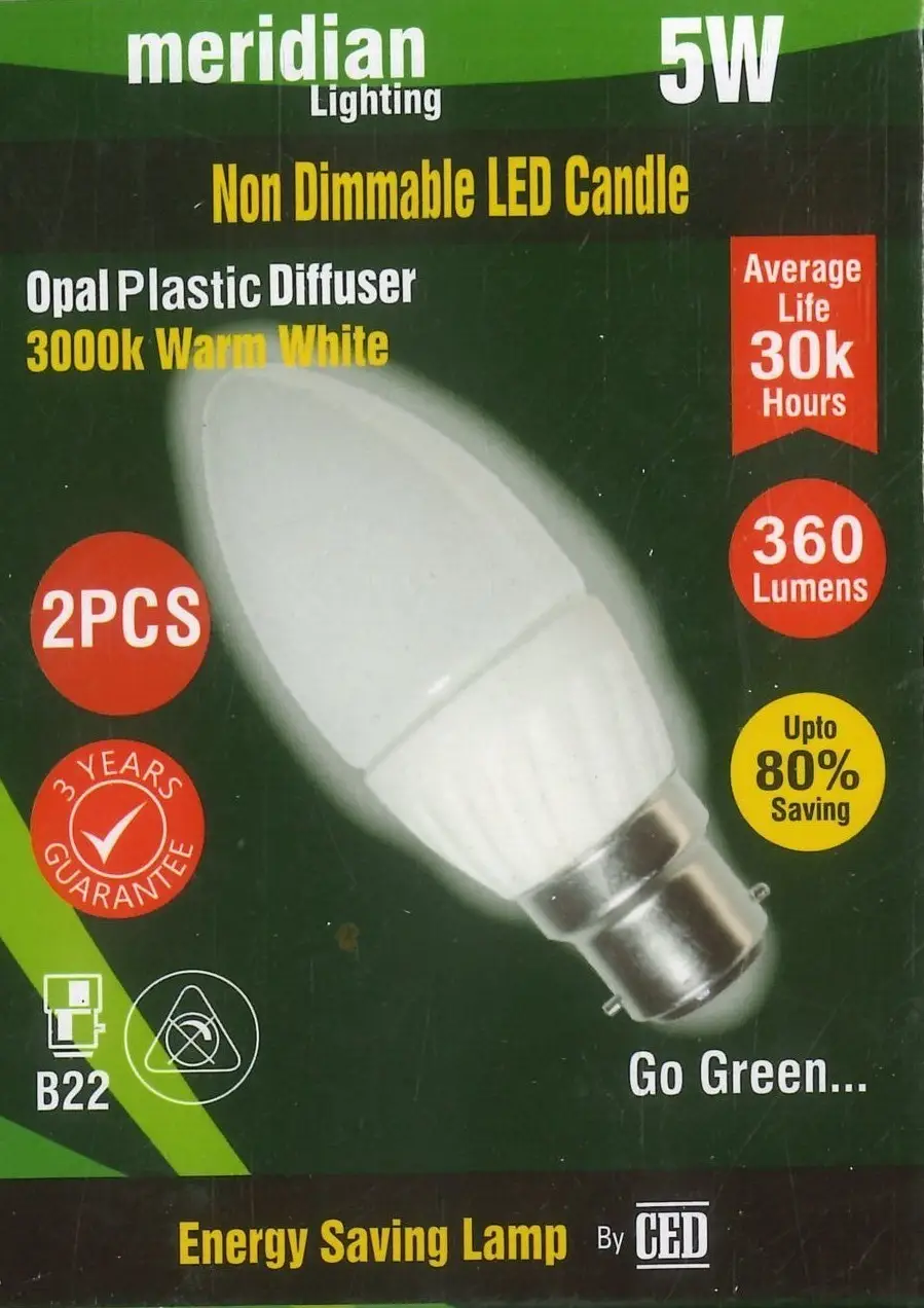 2x 5W (=35W) Meridian LED Candle Light Bulb BC B22 Bayonet 3000K Warm White Lamp