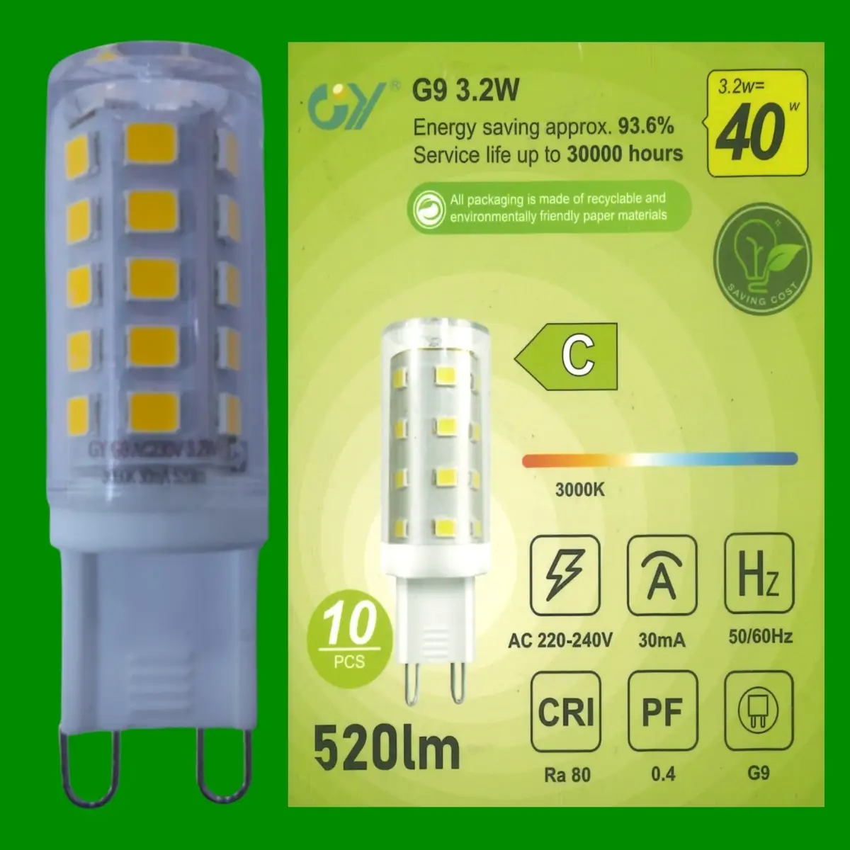 10x 3.2W (=40W) G9 LED Capsule Light Bulb 3000K Warm White Energy Saving Lamp