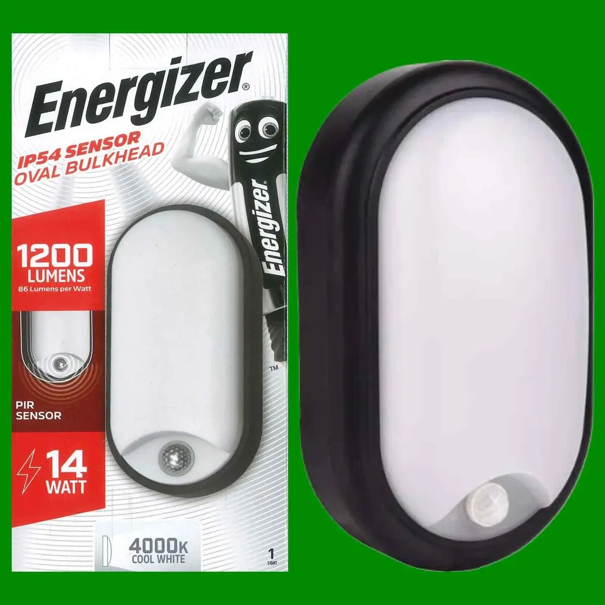 14W Energizer LED IP54 PIR Motion Sensor Oval Bulkhead, 4000K, Wall Light Lamp