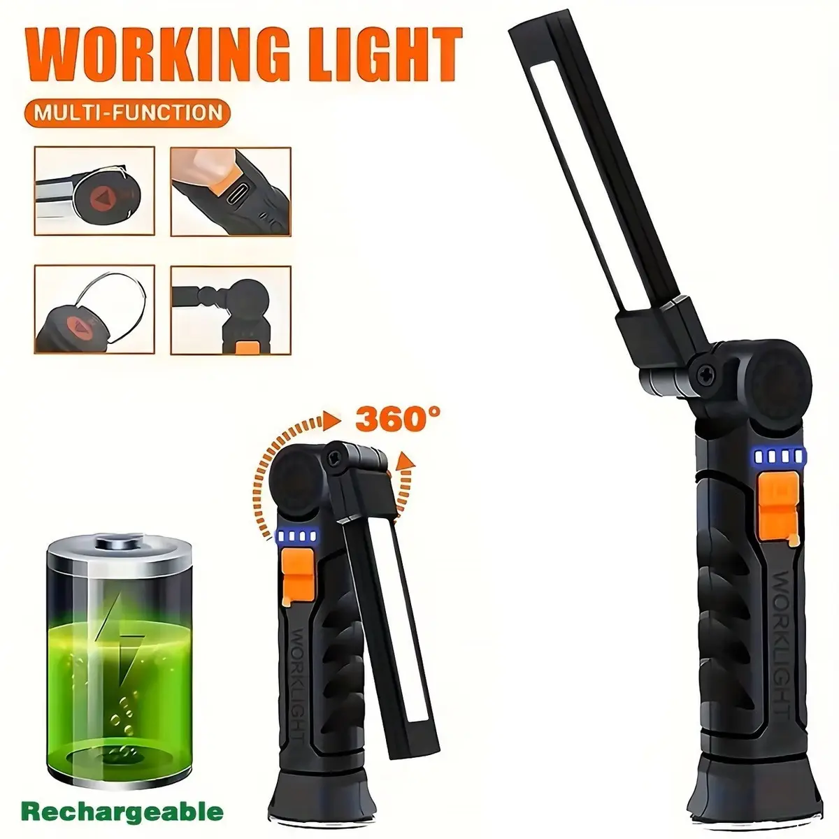 LED Work Light Magnetic Base USB-C Rechargeable 360° Rotating Torch 4 Modes W52