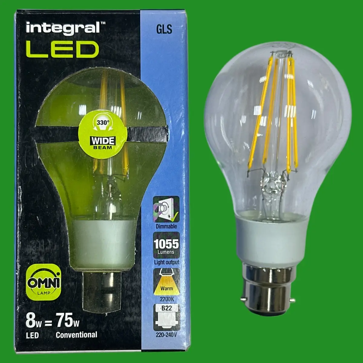 1x 8W (=75W) Integral Dimmable Clear LED Filament GLS Light Bulbs BC B22 2700K