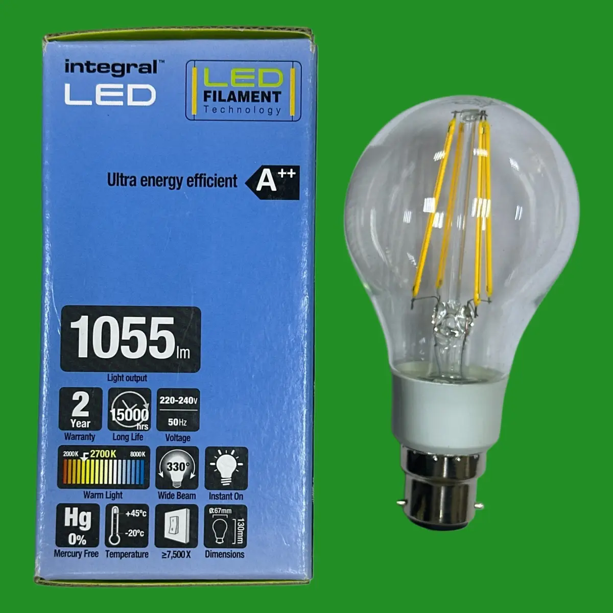1x 8W (=75W) Integral Dimmable Clear LED Filament GLS Light Bulbs BC B22 2700K - image 2 | Free standard UK delivery included | Discount Quality Products