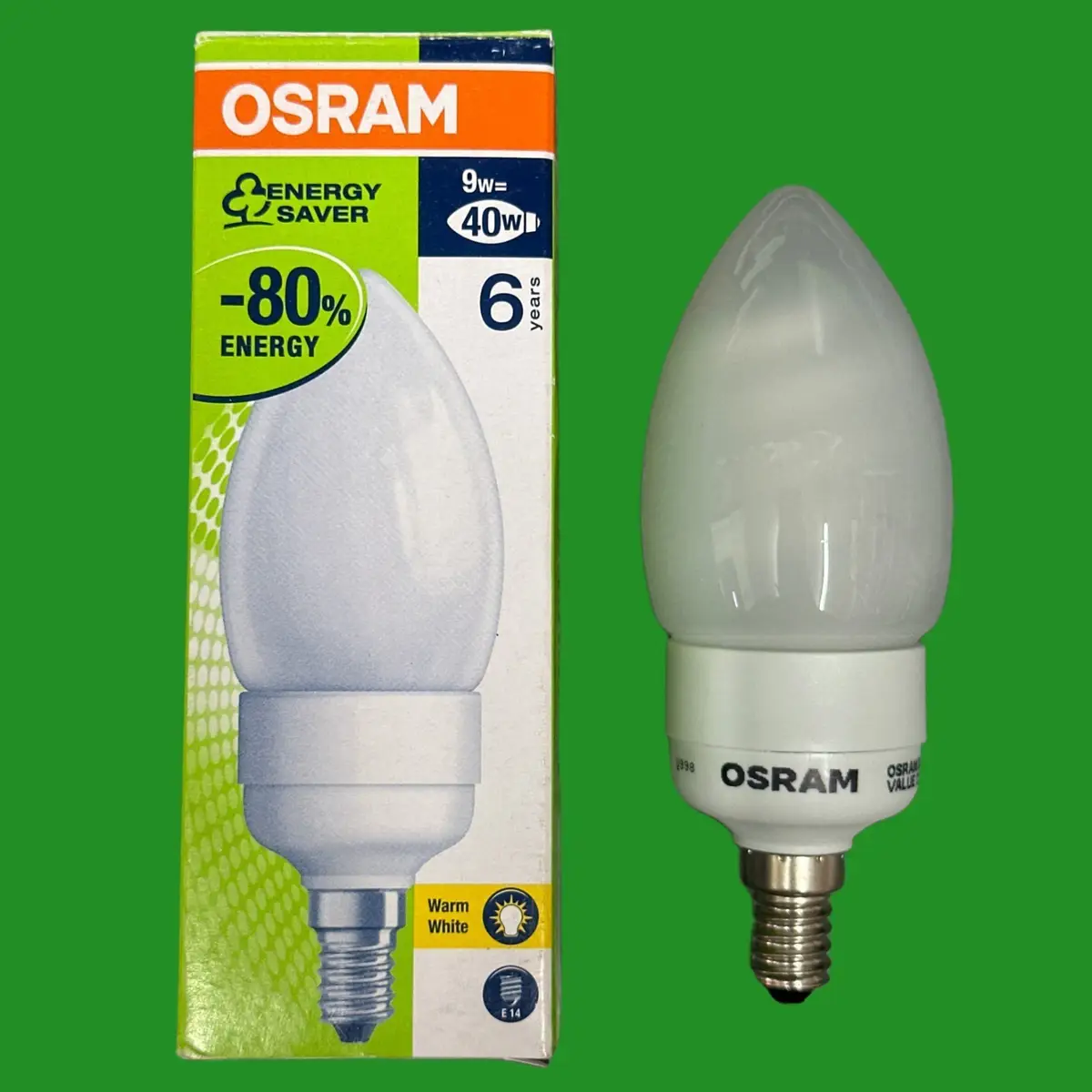 9W (=40W) OSRAM CFL Large Candle C50 Low Energy Light Bulb SES E14 Small Screw