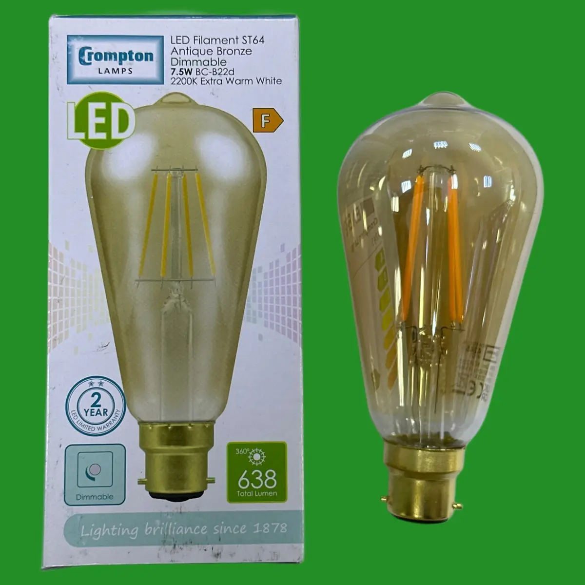 2x 7.5W Crompton ST64 LED Filament Antique Bronze Dimmable Light Bulb B22 2200K