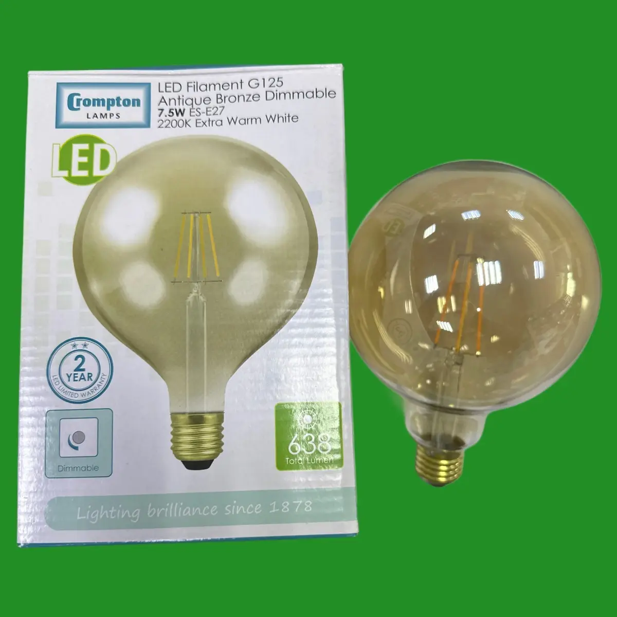 7.5W Crompton G125 Antique Bronze LED Filament Dimmable Globe Light Bulb ES E27 - image 2 | Free standard UK delivery included | Discount Quality Products