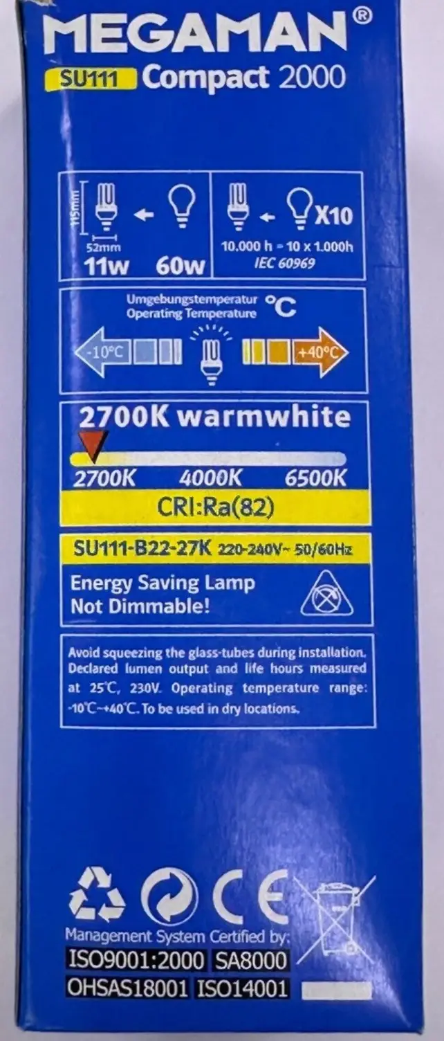 1x 11W (=60W) Megaman Low Energy Power Saving CFL Stick Light Bulbs BC B22 Lamps - image 3 | Free standard UK delivery included | Discount Quality Products