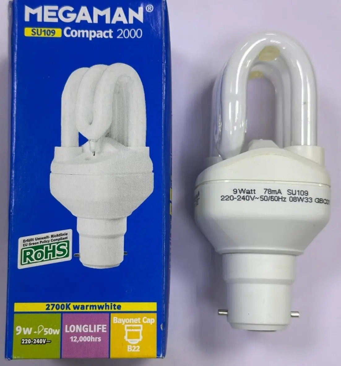 1x 9W (=50W) Megaman Low Energy Power Saving CFL Stick Light Bulbs BC B22 Lamps