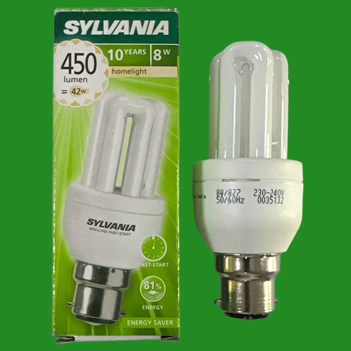 8W (=42W) Sylvania CFL Mini Stick Light Bulb Low Energy Power Saving BC B22 Lamp