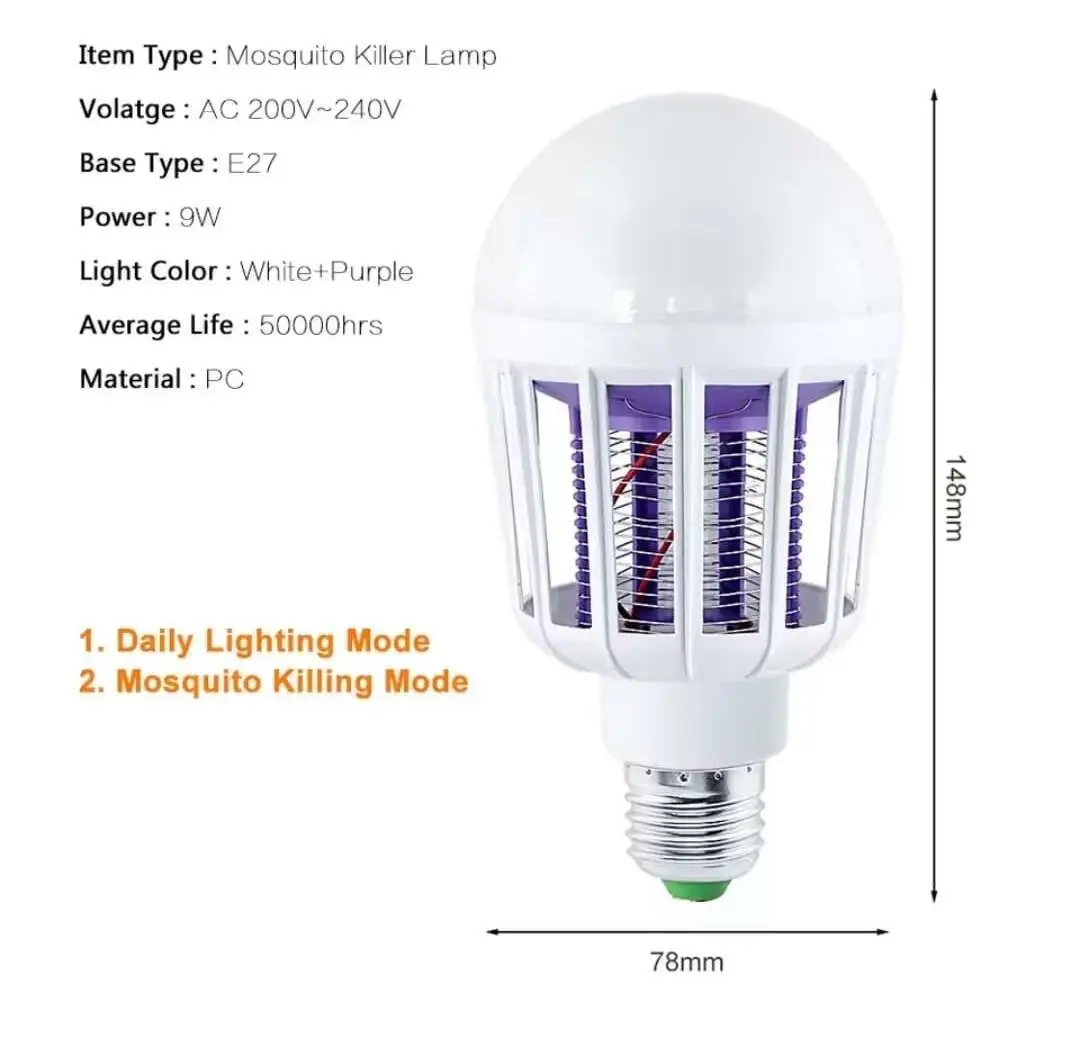 1x 9W LED ES E27 UV Insect Mosquito Zapper Killer, 2 in 1 Night Light Bulb Lamp - image 5 | Free standard UK delivery included | Discount Quality Products