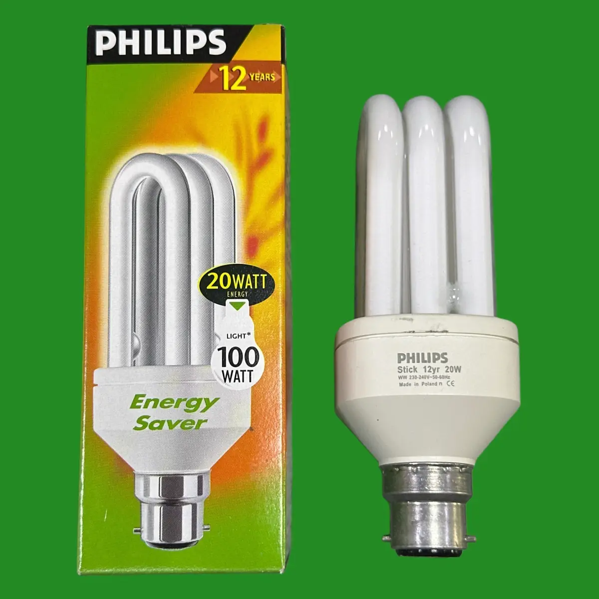 20W (=100W) Philips Low Energy Power Saving CFL Stick Light Bulbs BC B22 Lamp