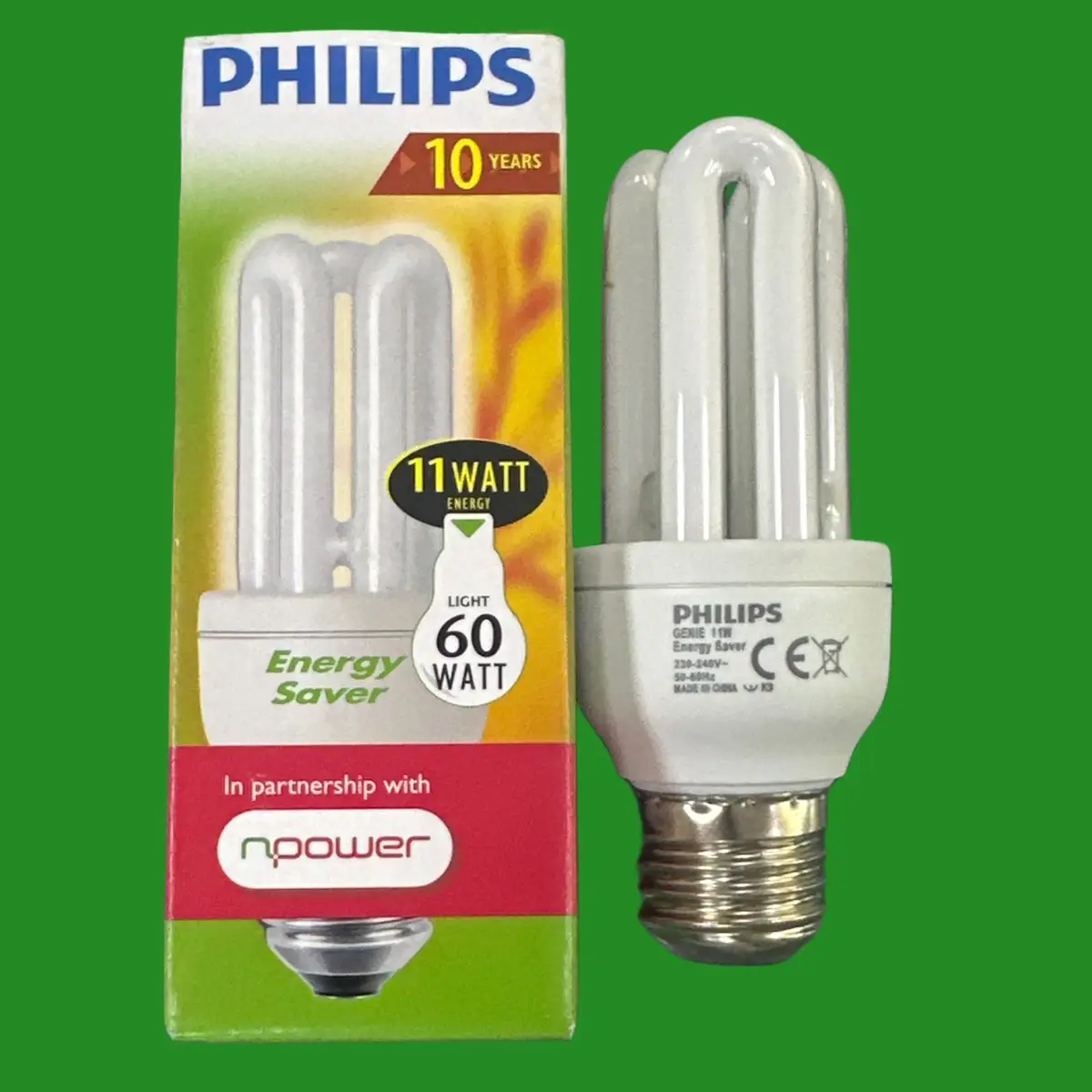 1x 11W (=60W) Philips CFL Low Energy Stick Light Bulbs Edison Screw ES E27 2700K
