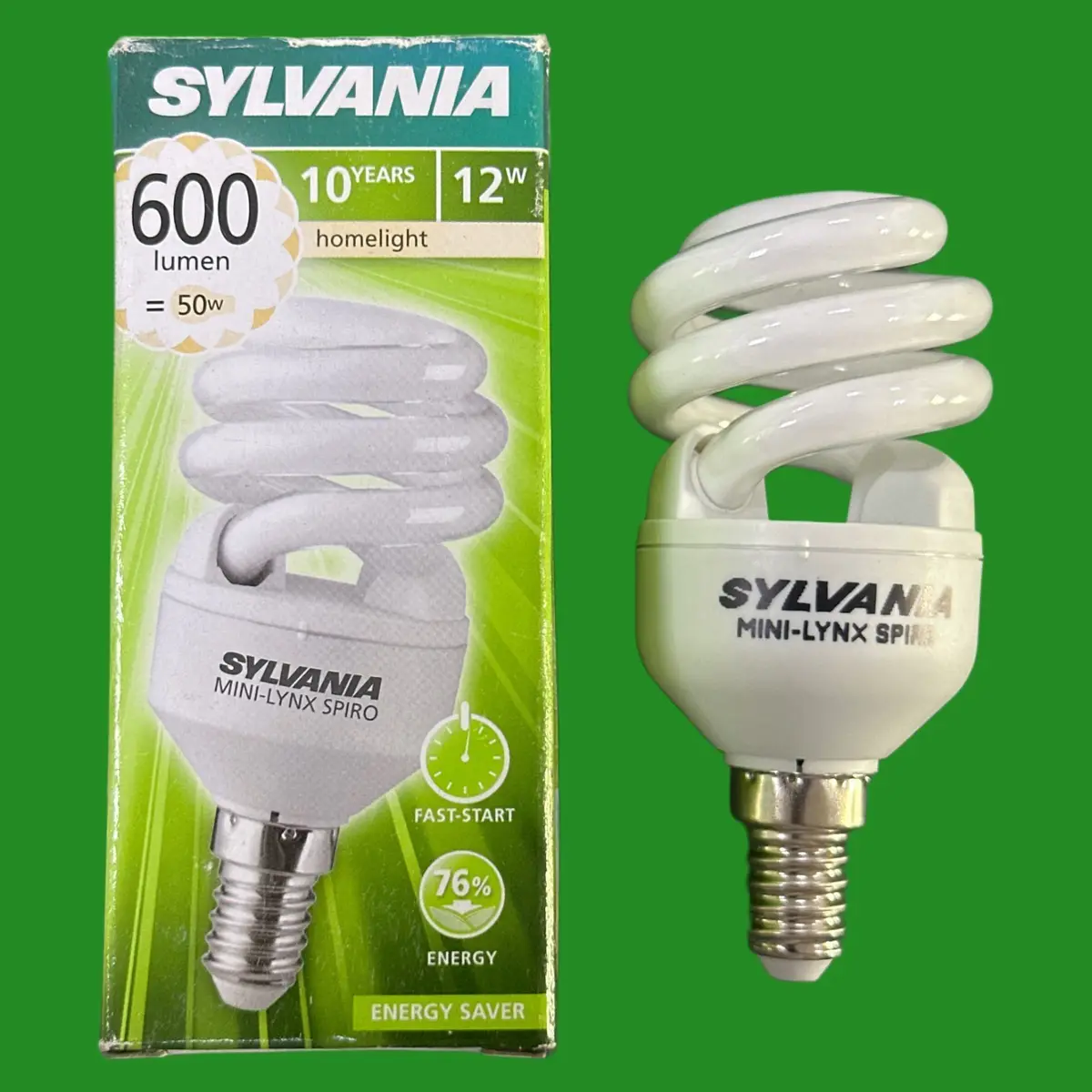 1x 12W (=50W) Sylvania CFL Mini Spiral 2700K Low Energy Light Bulbs SES E14 Lamp