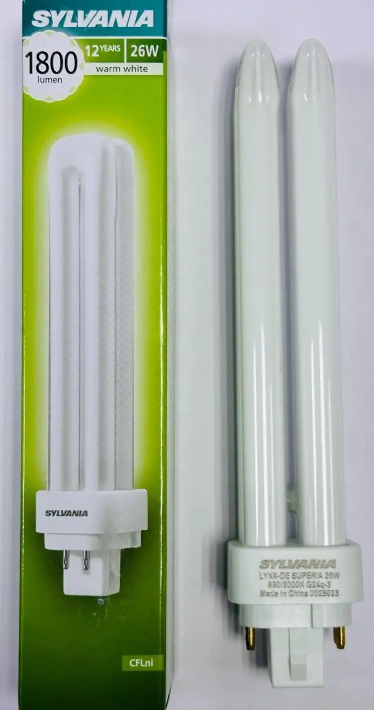 1x 26W Sylvania Dimmable G24q-3, 4 pin, 3000K Low Energy CFL Light Bulb PL Lamp