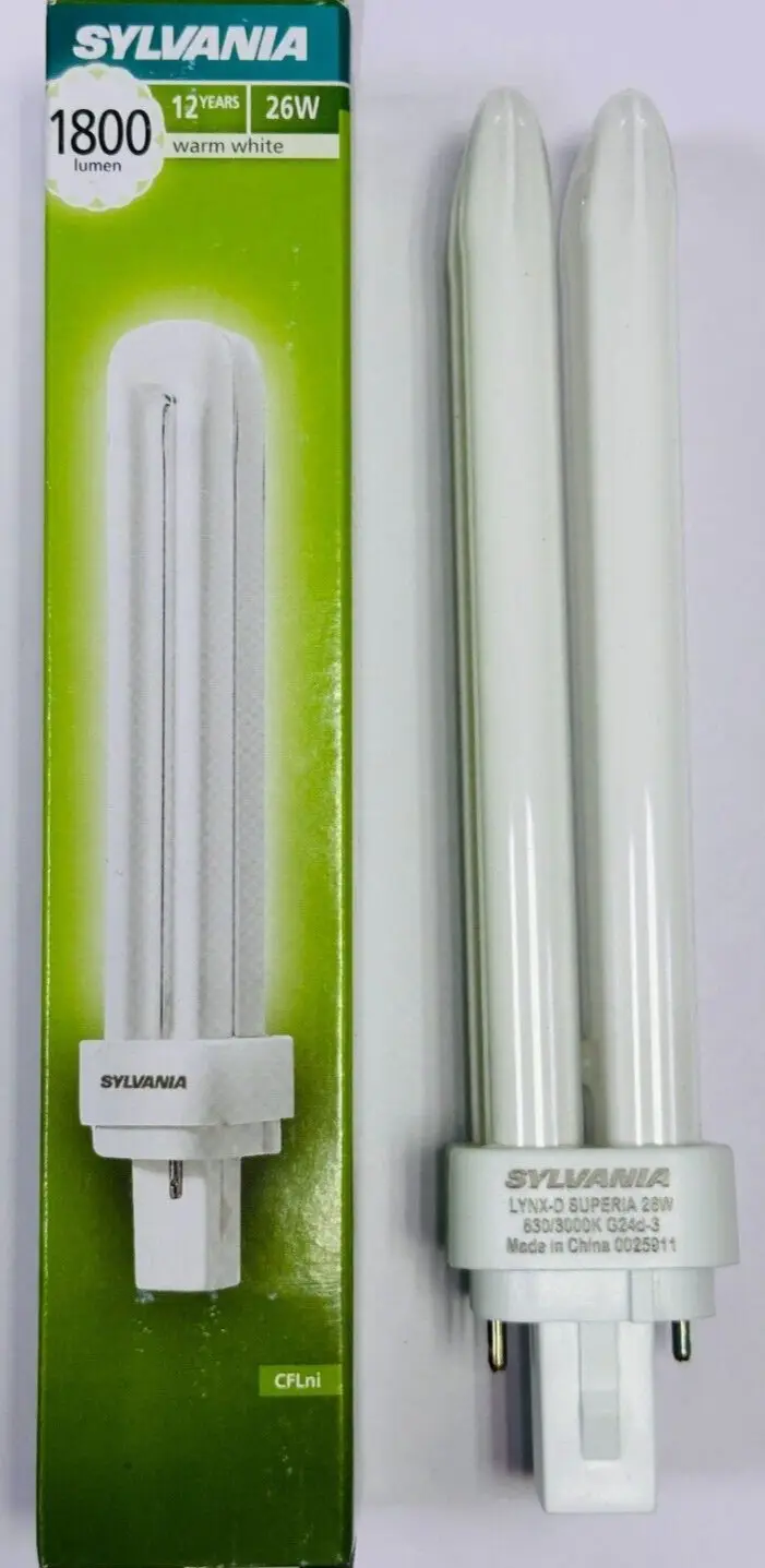 1x 26W Sylvania G24d-3, 2 pin, Low Energy CFL Light Bulb 3000K Warm White Lamps