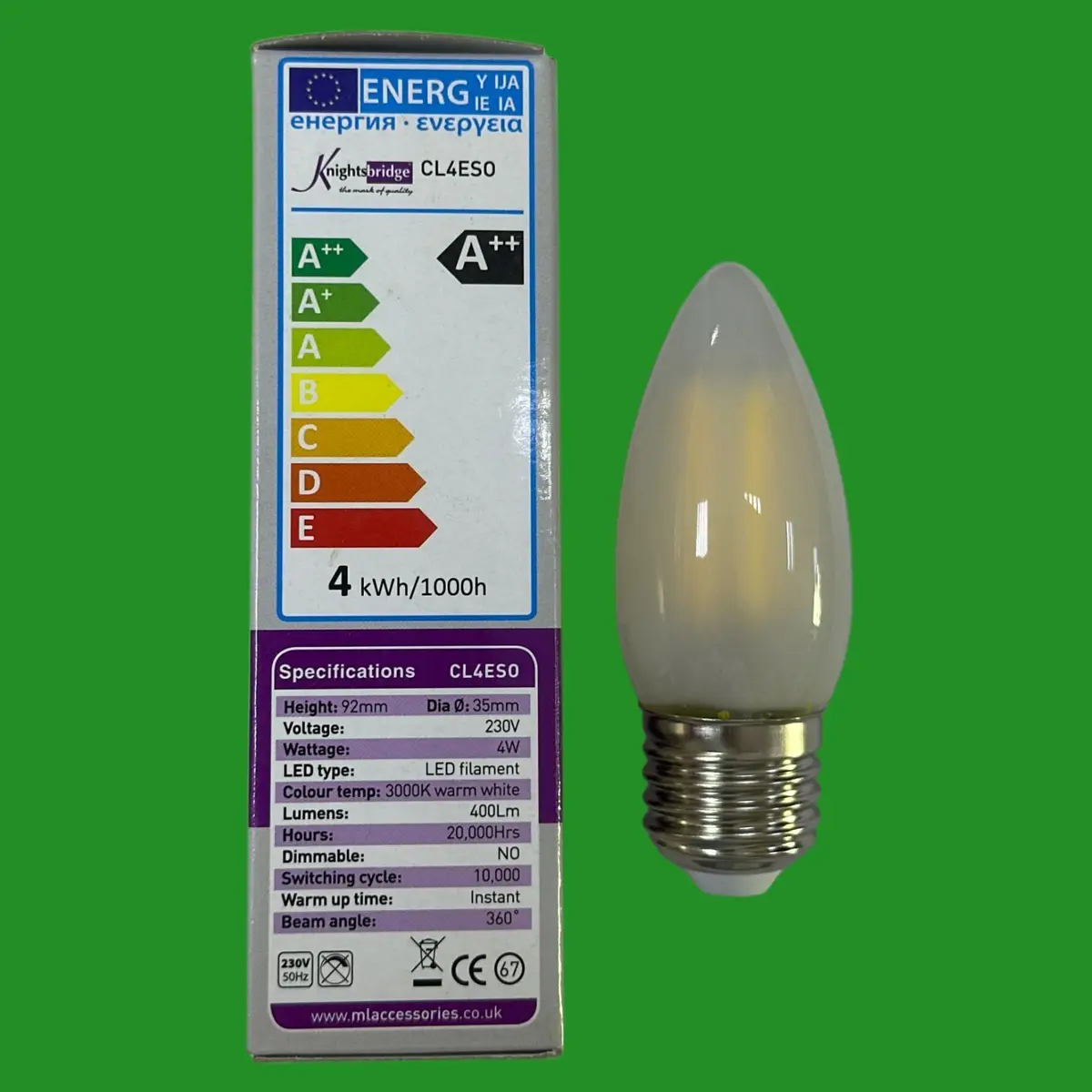 5x 4W (=40W) Knightsbridge Frosted LED Filament Candle Light Bulbs 3000K ES E27 - image 2 | Free standard UK delivery included | Discount Quality Products