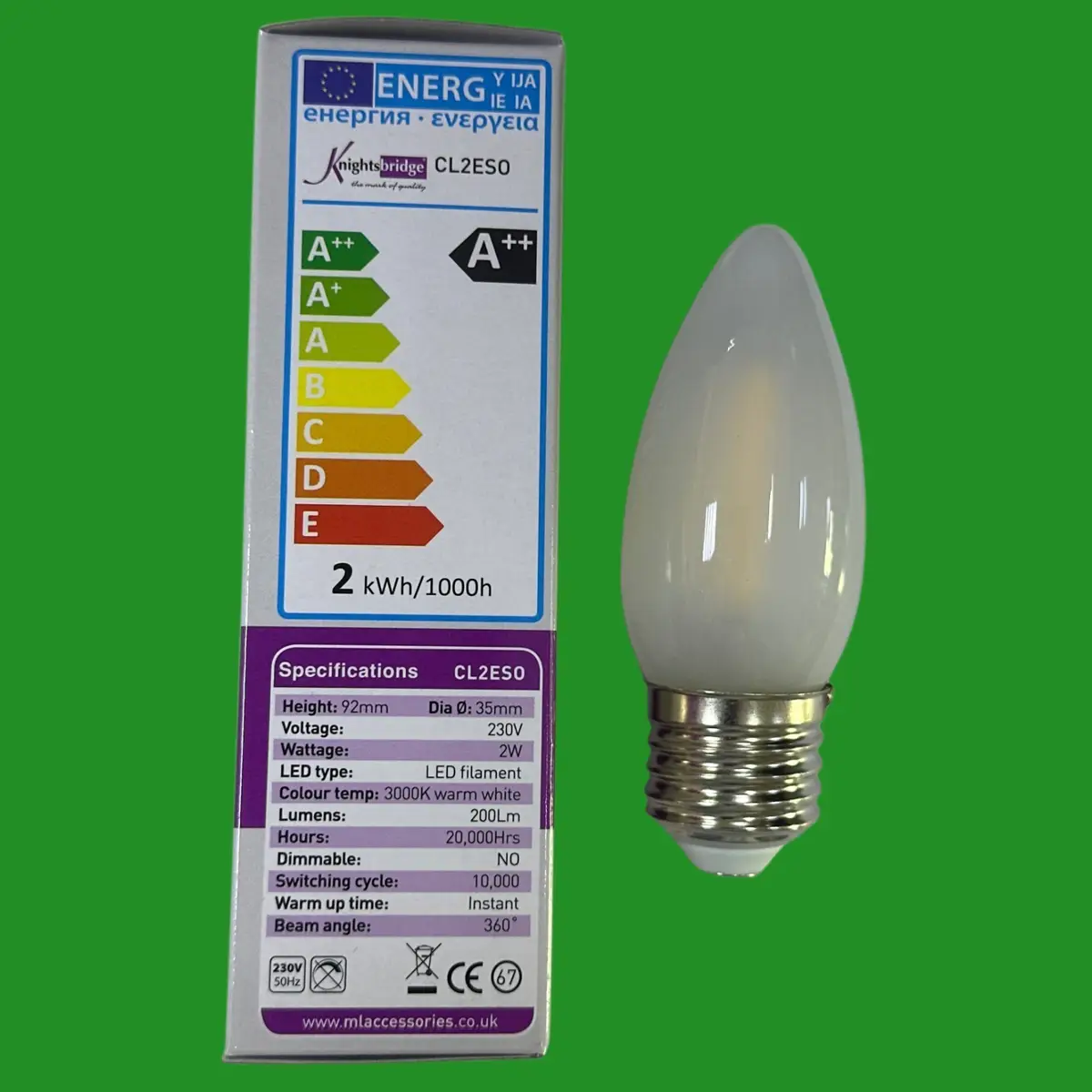 4x 2W (=25W) Knightsbridge Frosted LED Filament Candle Light Bulbs 3000K ES E27 - image 2 | Free standard UK delivery included | Discount Quality Products