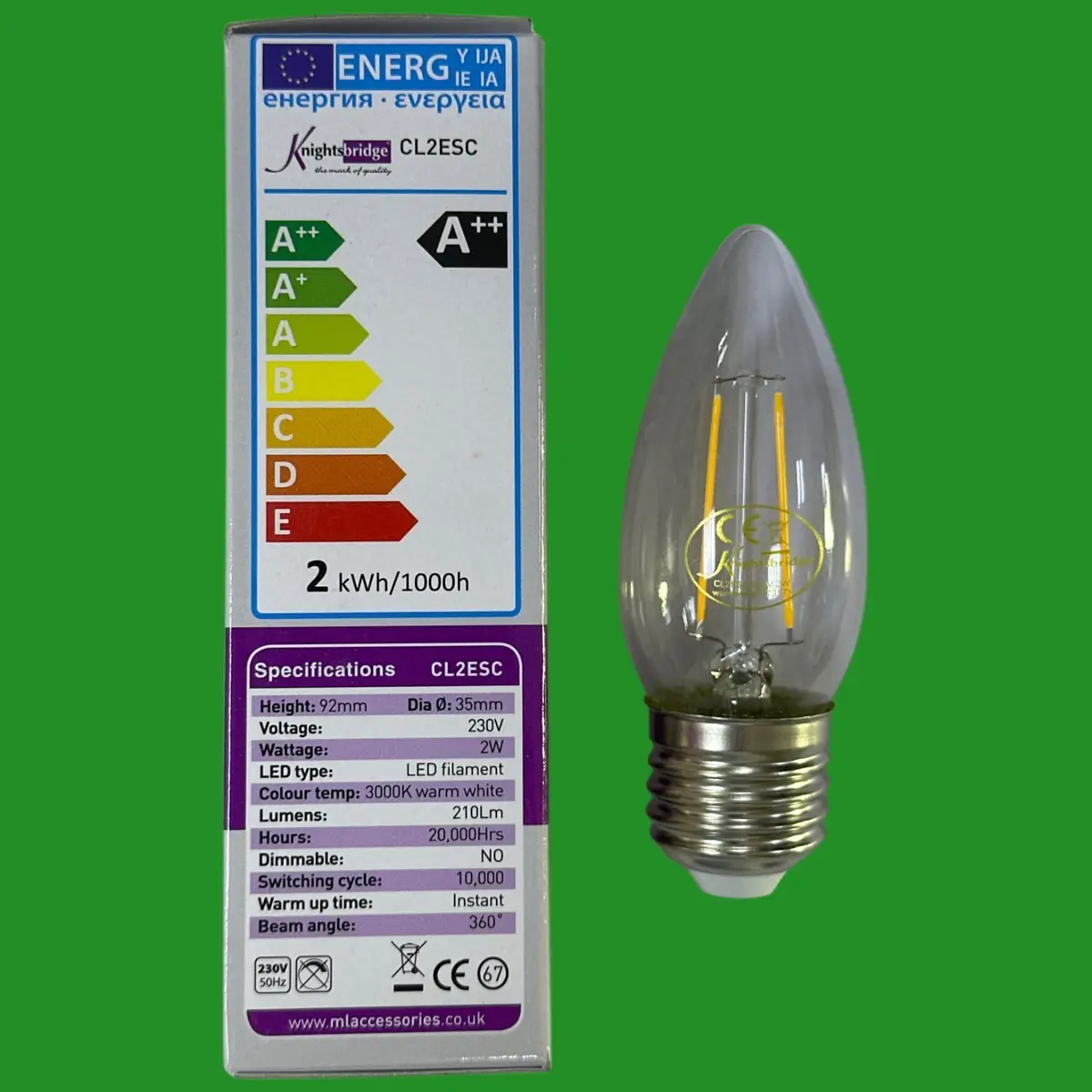 4x 2W (=25W) Knightsbridge Clear LED Filament Candle Light Bulbs 3000K ES E27 - image 2 | Free standard UK delivery included | Discount Quality Products