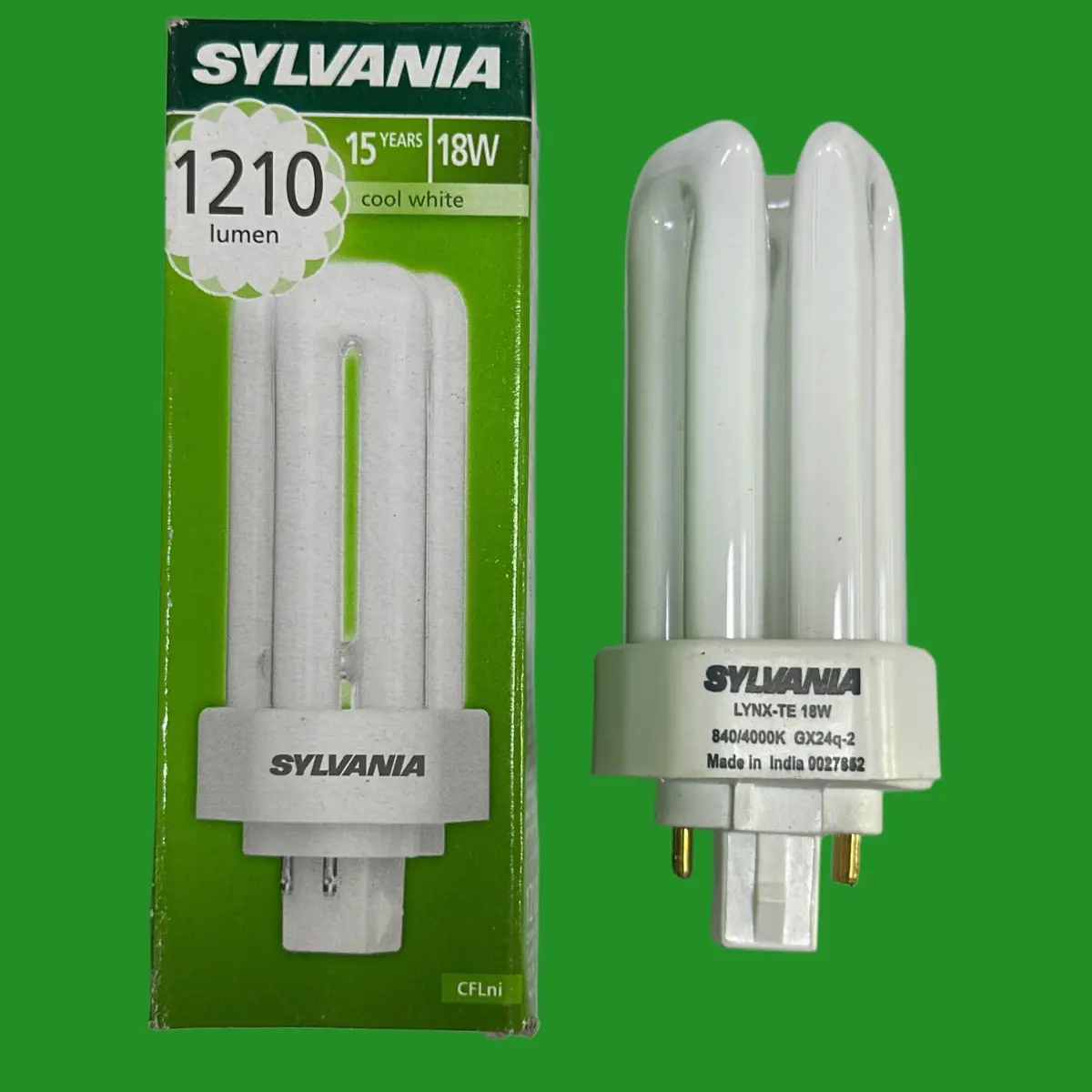 1x 18W Sylvania Dimmable GX24q-2, 4 pin Low Energy PLT PL CFL Light Bulb 4000K