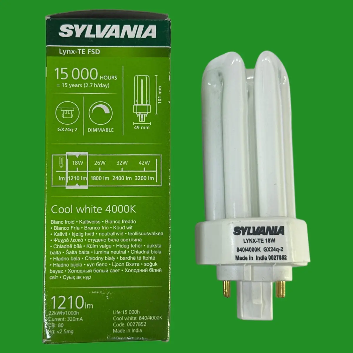 1x 18W Sylvania Dimmable GX24q-2, 4 pin Low Energy PLT PL CFL Light Bulb 4000K - image 2 | Free standard UK delivery included | Discount Quality Products