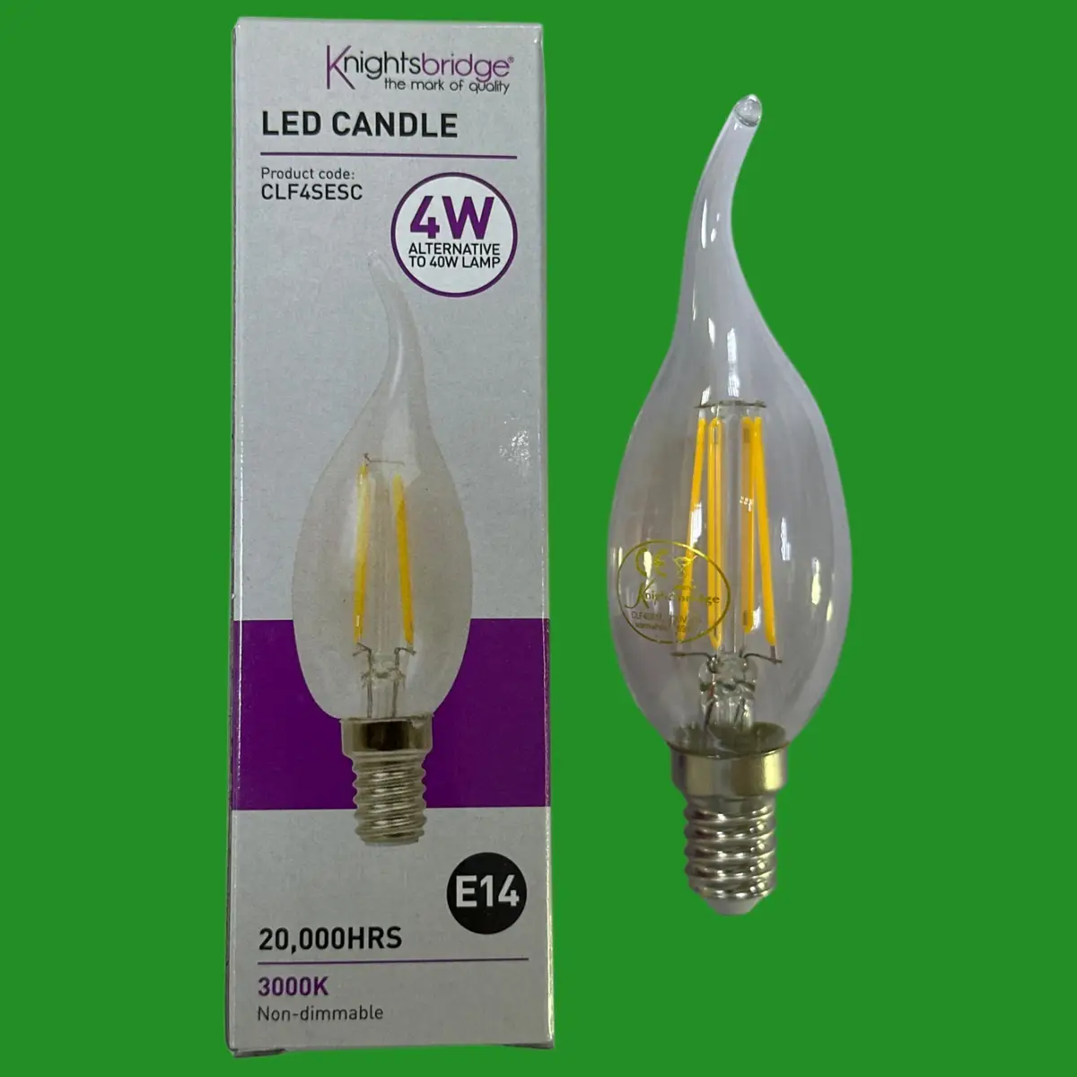 2x 4W (=40W) Knightsbridge Bent Tip LED Filament Candle Light Bulbs SES E14 Lamp