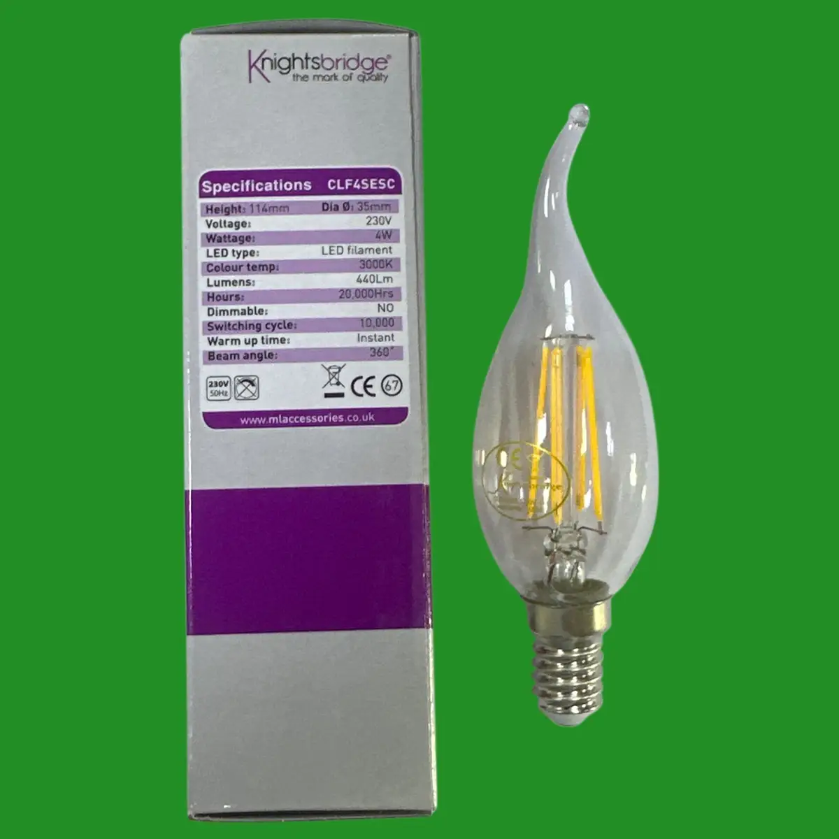 2x 4W (=40W) Knightsbridge Bent Tip LED Filament Candle Light Bulbs SES E14 Lamp - image 2 | Free standard UK delivery included | Discount Quality Products