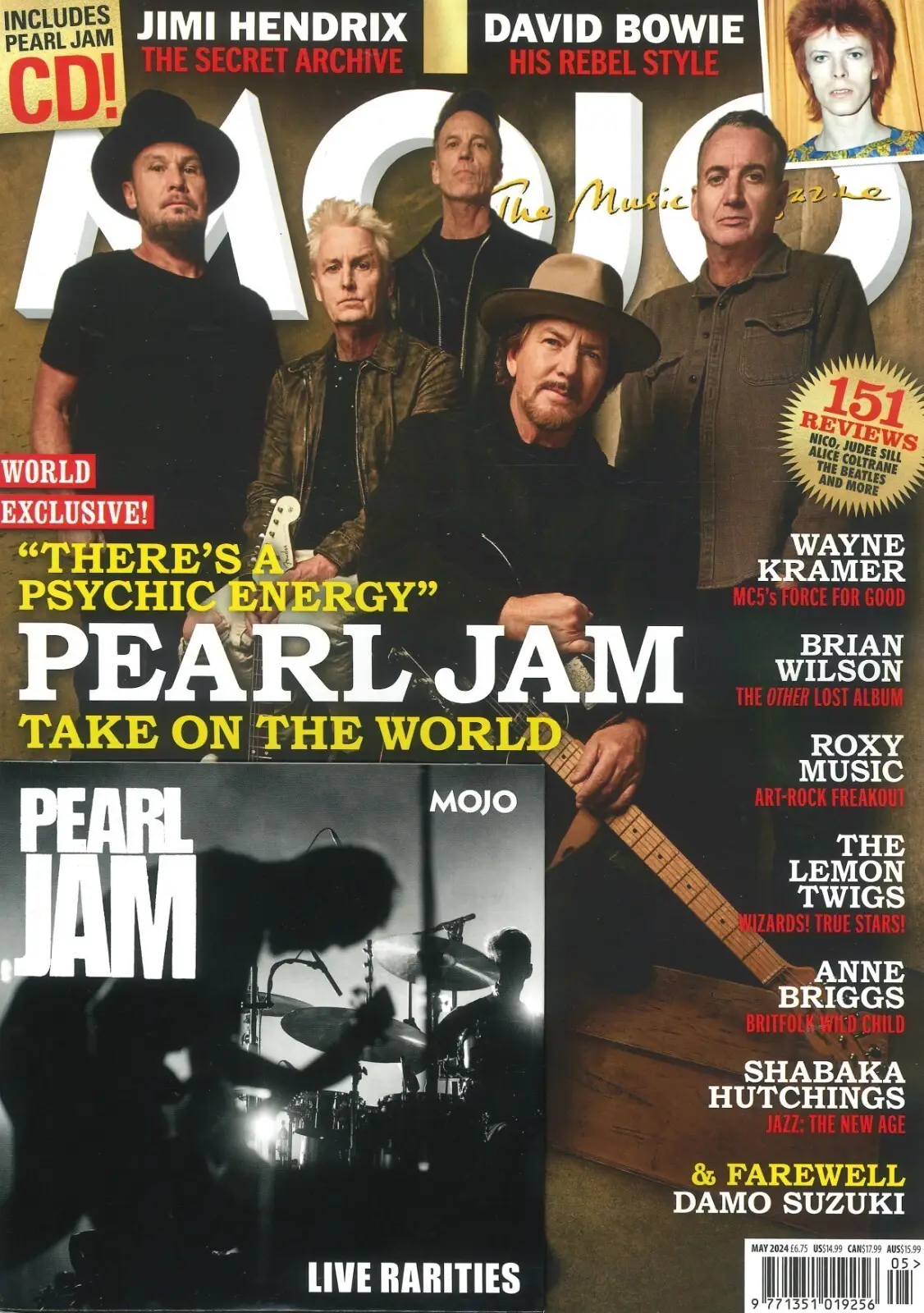 Mojo Magazine: Free CD, Pearl Jam, Jimi Hendrix, David Bowie, Rock, May 2024