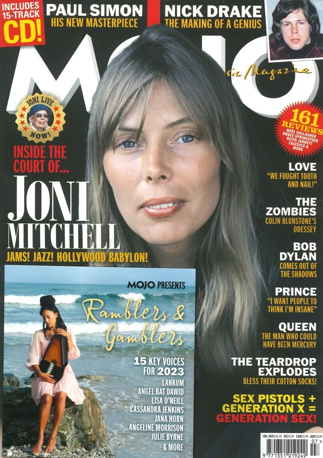 Mojo Magazine Free CD, Joni Mitchell, Paul Simon, Willy DeVille, Music July 2023
