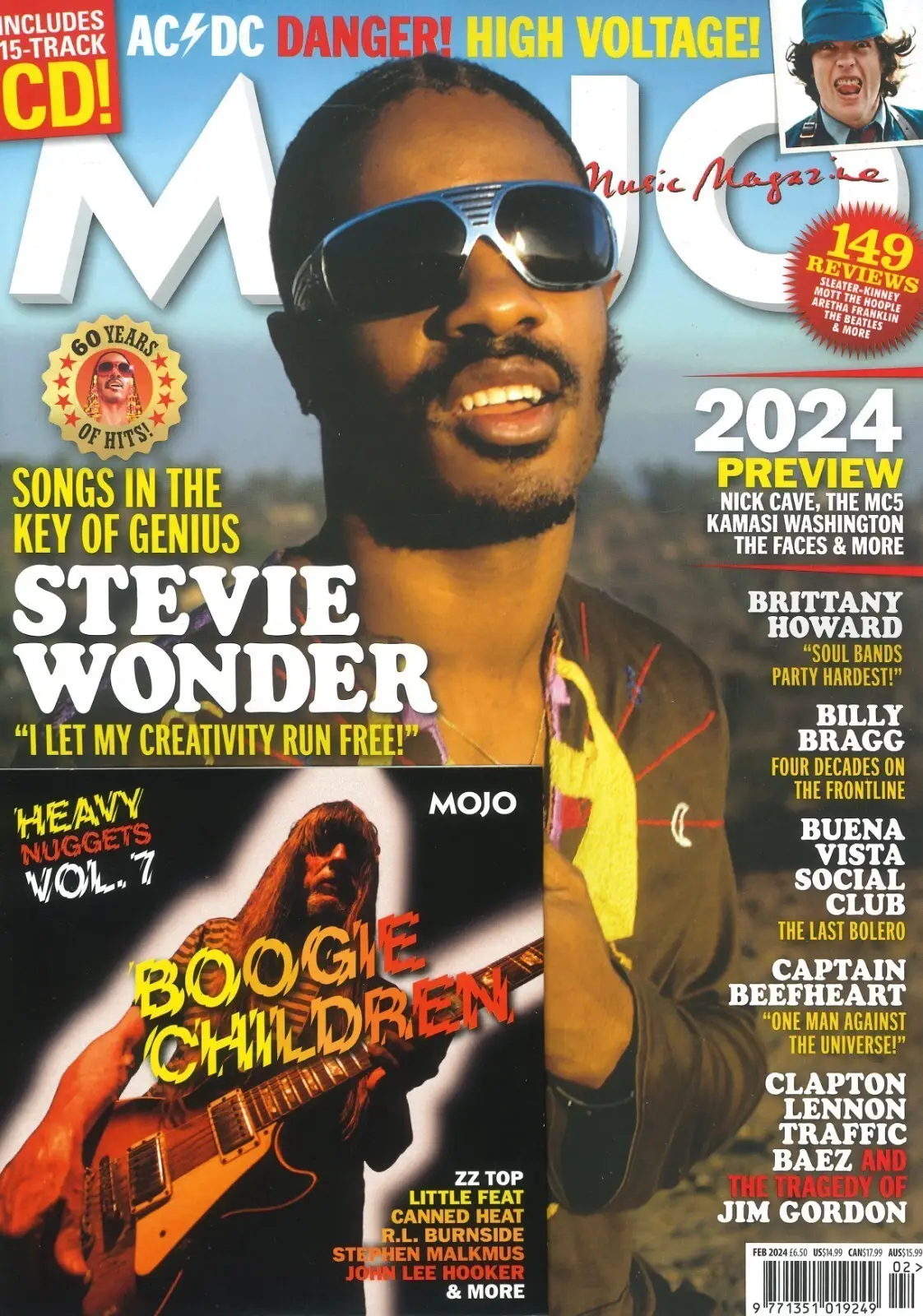 Mojo Magazine: Free 15-Track CD, Stevie Wonder, AC/DC, Brittany Howard, Feb 2024
