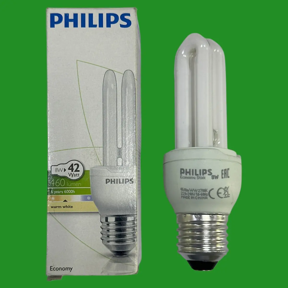1x 8W (=42W) Philips CFL Stick Light Bulb Low Energy Edison Screw ES E27 Lamp