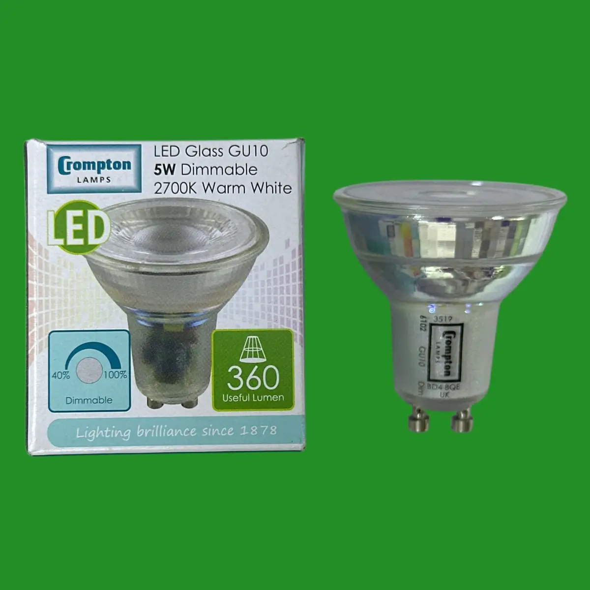1x 5W (=50W) Crompton Dimmable LED Glass GU10 Reflector Spot Light Bulb 2700K