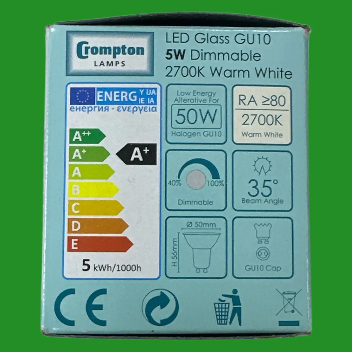 2x 5W (=50W) Crompton Dimmable LED Glass GU10 Reflector Spot Light Bulb 2700K - image 2 | Free standard UK delivery included | Discount Quality Products
