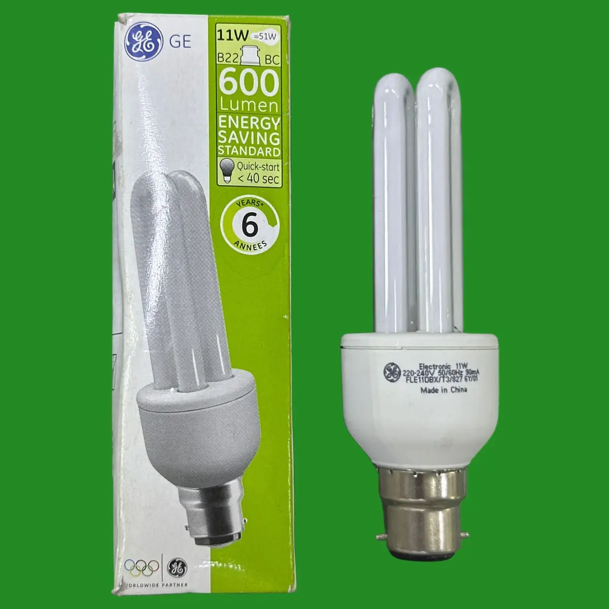 1x 11W (=51W) GE Low Energy Power Saving CFL Stick Light Bulbs BC B22 Lamps
