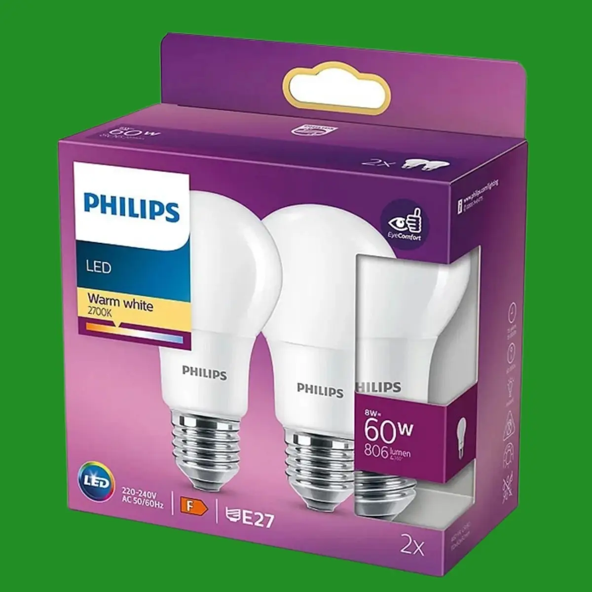 2x 8W (=60W) Philips LED GLS Light Bulbs ES E27 Edison Screw 2700K lamps