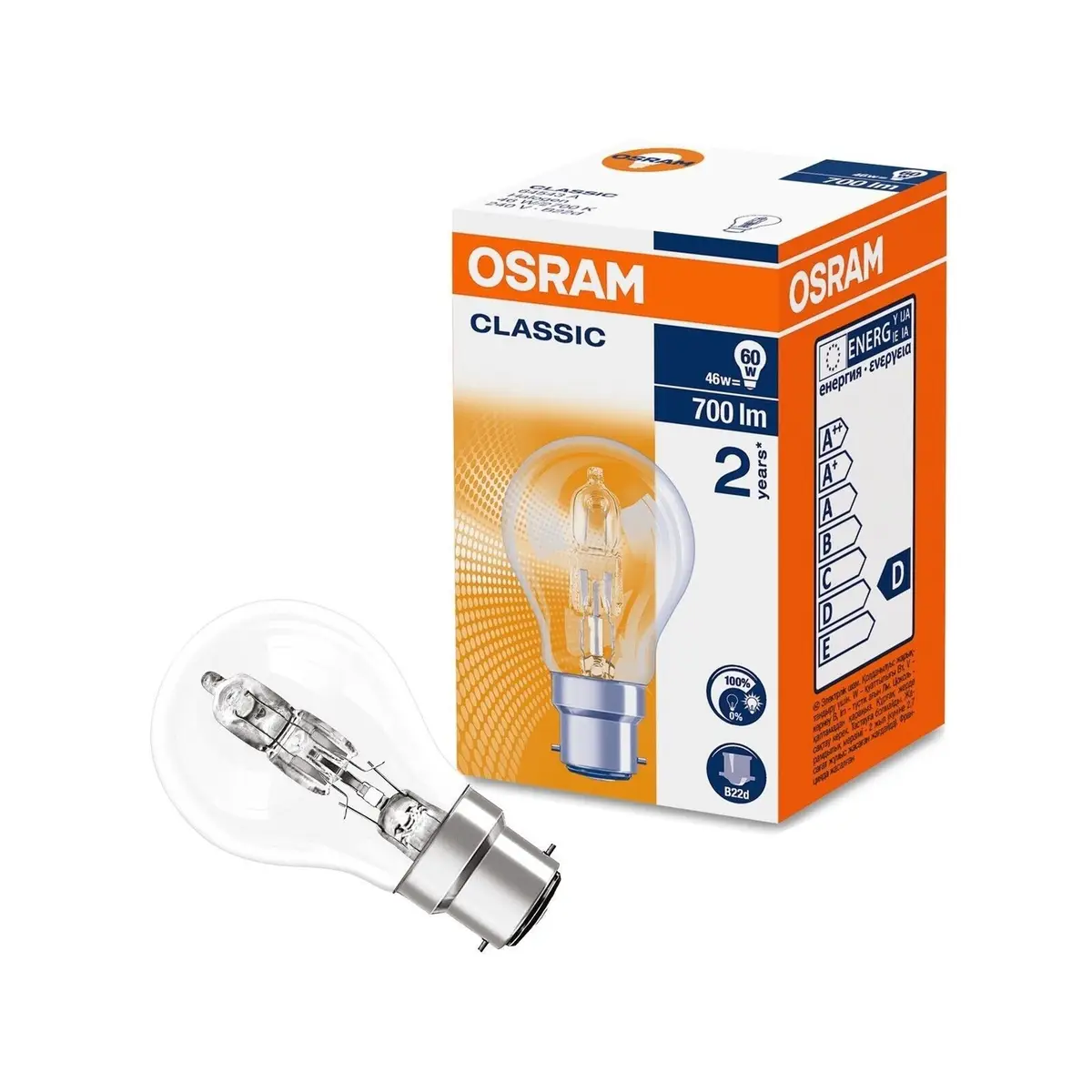 1x 46W (=60W) Osram Dimmable Halogen GLS Energy Saving Light Bulbs BC B22 Lamp