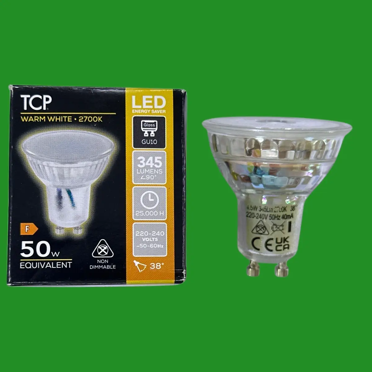 4x 4.5W (=50W) TCP LED GU10 Instant On Spot Light Bulbs Lamps Warm White 2700K